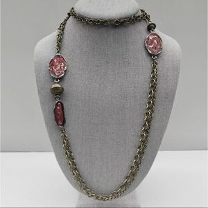 Chico's Long Pink and Brass Chain Necklace